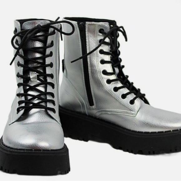 NWOT Zara Kids Metallic Combat Boots - Picture 1 of 6